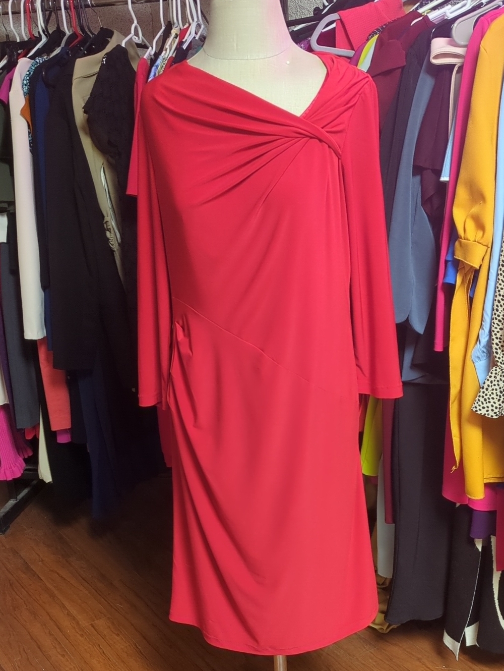 Adrianna Papell Red Draped Knot-Shoulder Long Sleeve Dress